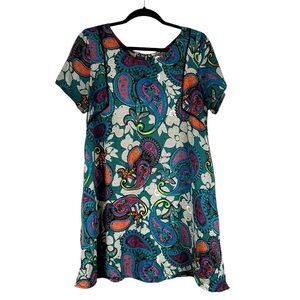 Glamorous Green Paisley Summer Vacation Short Sleeve Flowy Boho Dress Size Large